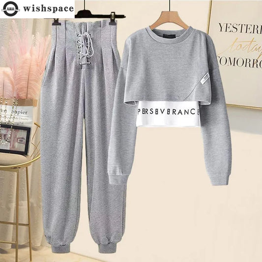 Korean Popular Autumn New Long Sleeve T-shirt High Waist Lace Casual Harun Trousers Two Piece Elegant Women's Pants Set