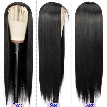 24 Inch Straight Lace Front Chemical Fiber Wigs Black Color Synthetic Straight Hair Wigs For Daily Party Cosplay Wear