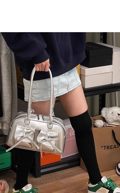 Xiuya Silver Pleated Womens Shoulder Bag Elegant Gentle Korean Fashion Leather Handbag Bow Sweet New Simple Ladies Boston Bag