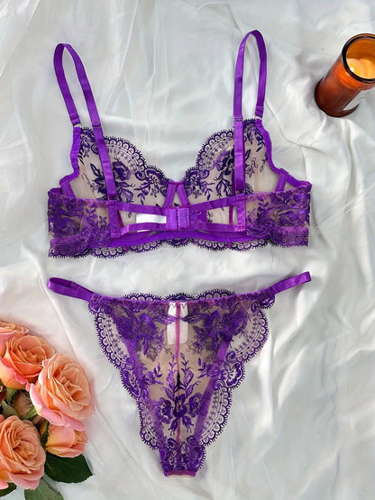 Ellolace Fancy Lingerie Lace Embroidery Fairy Seamless Tulle Underwear See Through Exotic Sets Floral Beautiful Bilizna Set