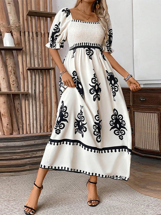 Printed Off Shoulder Dresses Stylish Casual Simple Square Collar Waist Cinching Slimming Beach Holiday Chic Maxi Wrap Dress New