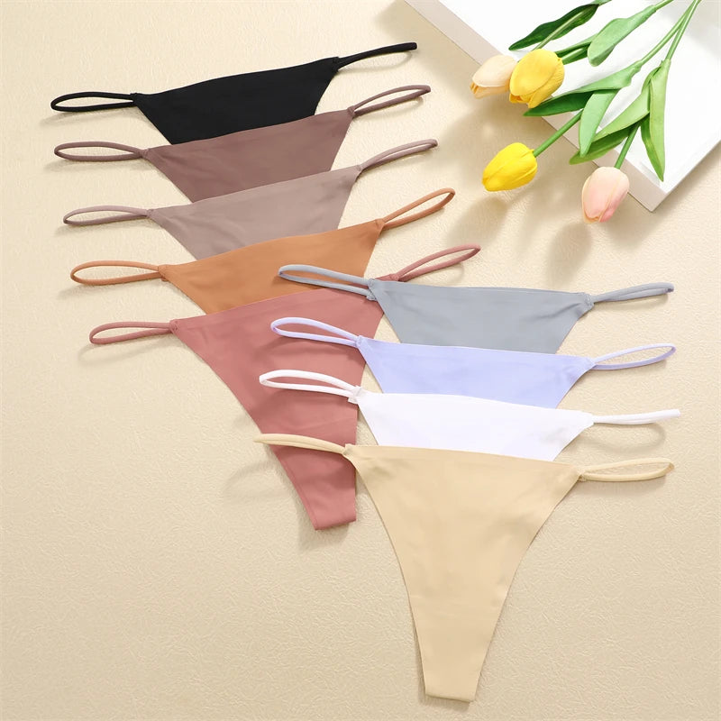 5PCS Women Seamless Underpants Ice Silk Thongs Sexy Low Waist Bikini T-back Female Solid Color Traceless G-String Panties XS-XL