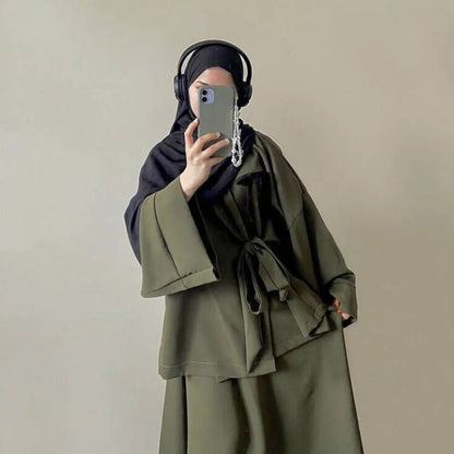 Eid Muslim Suit Modest Two Piece Women Lace Up Top Skirt Outfits Ramadan Morocco Dubai Abayas Ensemble Islam Arab Jalabiya
