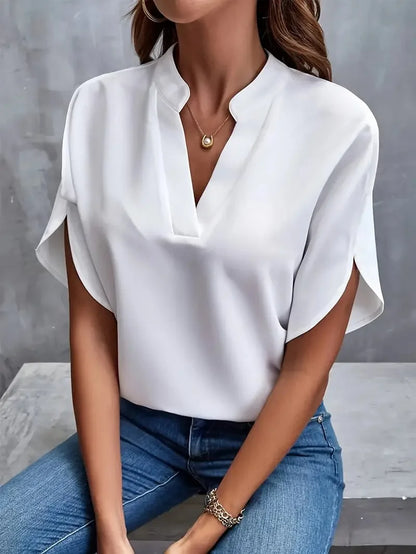 Casual Loose Solid Shirt & Blouse Women Fashion V-neck Half Sleeve Shirts For Women 2024 Office Elegant Pullover Blusas Tops