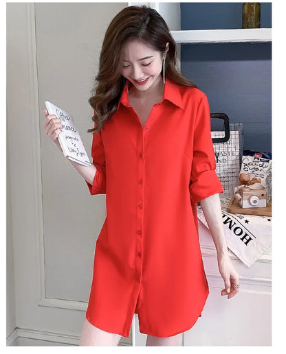 Mid-Length White Shirt Women BF Sexy Shirt Pajamas Female Skirt Ladies Tops Loose 2023 Autumn Clothing Women Shirts and Blouses
