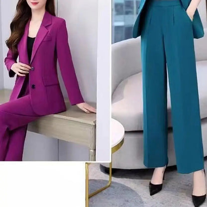 Women Formal Two-piece Set Breathable Two-piece Set Formal Business Style Women's Coat Pants Suit Set with Lapel Button for Work