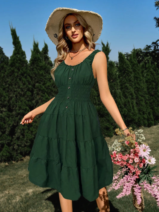 Elegant Dress Women's Cotton Sleeveless Round Neck Pleated Tank Top A-line Skirt New Summer Unique Button Retro Over Knee Skirt