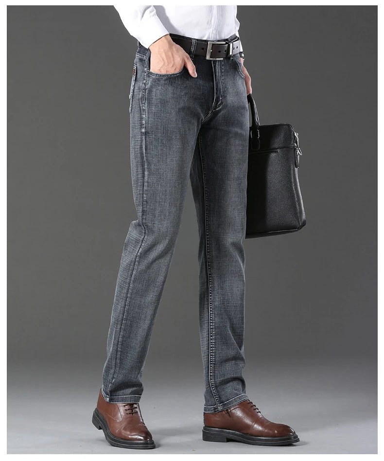 20234 Brand Men's Stretch Loose Straight Fit Jeans Men's Business Casual Denim Pants Brand New Style Trousers Mens Wear Grey