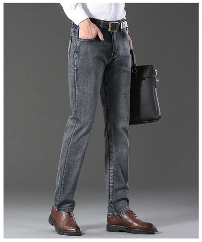 20234 Brand Men's Stretch Loose Straight Fit Jeans Men's Business Casual Denim Pants Brand New Style Trousers Mens Wear Grey