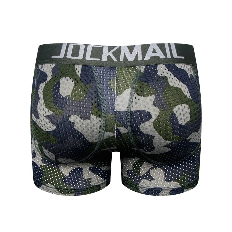 Men's Sexy Fashion Ice Silk Mesh Breathable Soft Comfortable Butt Lift Boxer Briefs Underwear Low Waist Camouflage Quick Dry
