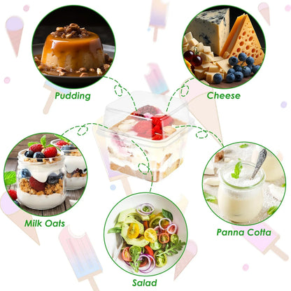 100Pcs Disposable Dessert Cups with Lids 8oz Reusable Cupcake Container Clear Square Single Dessert Box Sealed Cake Storage Box