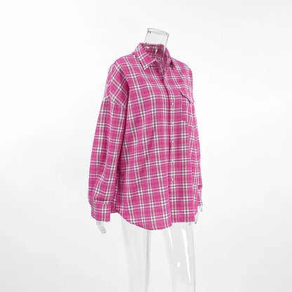 Mnealways18 Pink Brightly Plaid Shirts For Women Spring Summer 2024 Long Sleeves Classic Lapel Blouses And Tops Oversize Checked