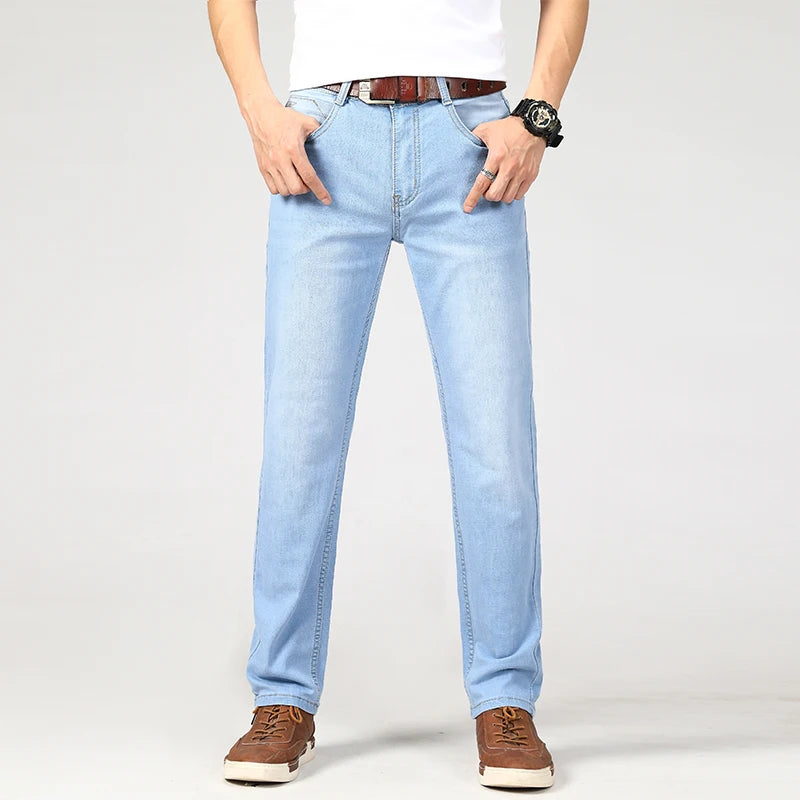 New Summer Business Men's Jeans Casual Straight Stretch Fashion Classic sky Blue  Work Denim Trousers Male Brand Clothing