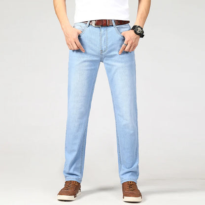 New Summer Business Men's Jeans Casual Straight Stretch Fashion Classic sky Blue  Work Denim Trousers Male Brand Clothing