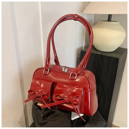 Xiuya Silver Pleated Womens Shoulder Bag Elegant Gentle Korean Fashion Leather Handbag Bow Sweet New Simple Ladies Boston Bag