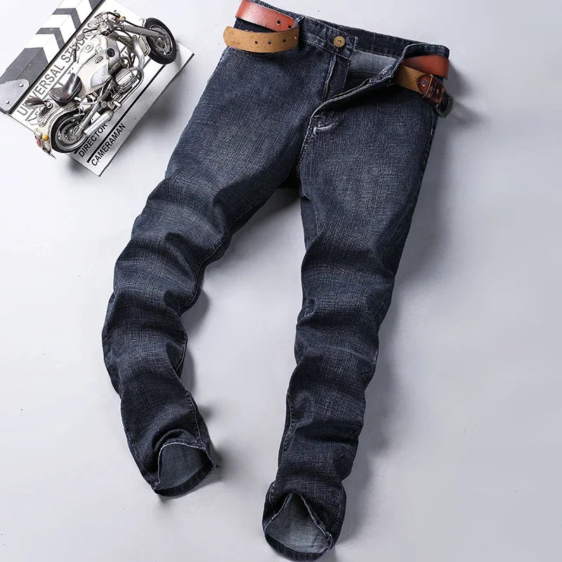 2025 Fashion Four Seasons Classic Blue Black Work Denim Trousers  Men's Jeans Casual Straight Stretch Male Brand Clothing