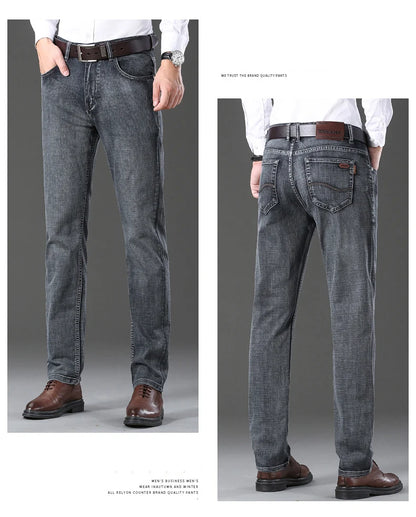 20234 Brand Men's Stretch Loose Straight Fit Jeans Men's Business Casual Denim Pants Brand New Style Trousers Mens Wear Grey