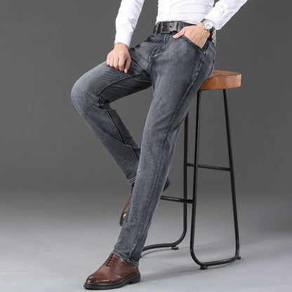 20234 Brand Men's Stretch Loose Straight Fit Jeans Men's Business Casual Denim Pants Brand New Style Trousers Mens Wear Grey