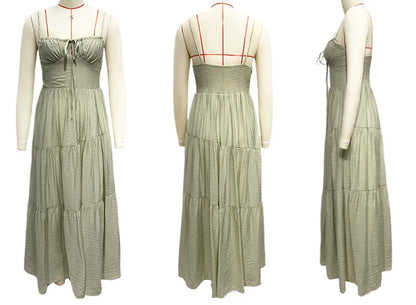 European And American Women's New Spliced Suspender Long Backless Tie Big Swing Dress With Lining