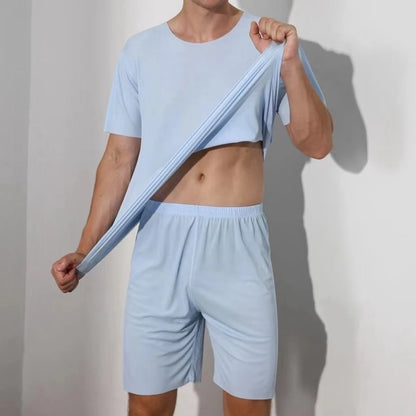 Men's Two-Piece Ice Silk Pajamas Men's Summer Thin Modal Short-Sleeved Pajamas Homewear Men's Large Size Pajamas Homewear Set