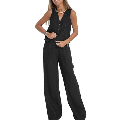 2 Piece Suit for Women Autumn Winter Suit Set Stylish Women's Cotton Linen Suit Sleeveless Vest Wide Leg Pants Set for Office