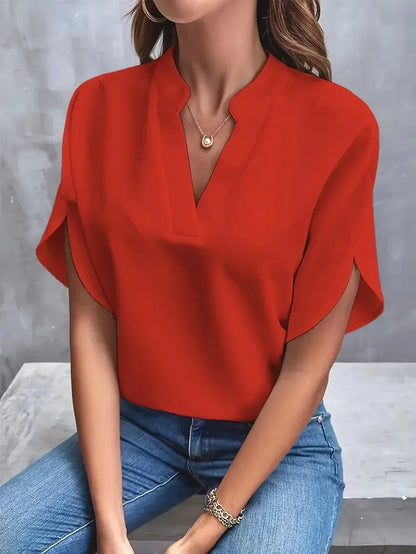 Casual Loose Solid Shirt & Blouse Women Fashion V-neck Half Sleeve Shirts For Women 2024 Office Elegant Pullover Blusas Tops