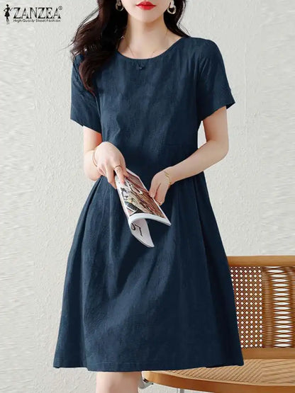 ZANZEA Holiday Texture Fabric Cotton Robe Women Knee-length Dress 2024 Summer Short Sleeve Vestido Casual Loose Solid Mini Dress