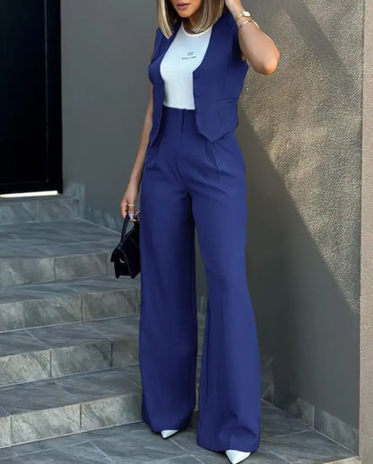 New 2024 Women's Summer Casual 2PCS Pants Sets Solid Vest +Pants Sets Elegant High Waist Wide Leg Outfits Women Matching Sets