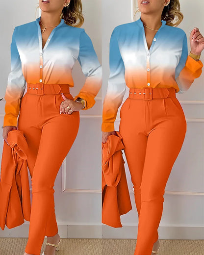 Women's elegant print shirt and pants two piece sets