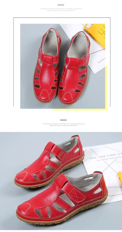 Women Ladies Female Mother Genuine Leather Shoes Sandals Gladiator Summer Beach Cool Hollow Soft Hook Loop Shoes