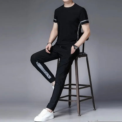 Tracksuit Sportswear Pants Sets Grey Men's Clothing Jogging T Shirt Man No Logo Sports Suits Fashion Top Summer Regular Fit Slim