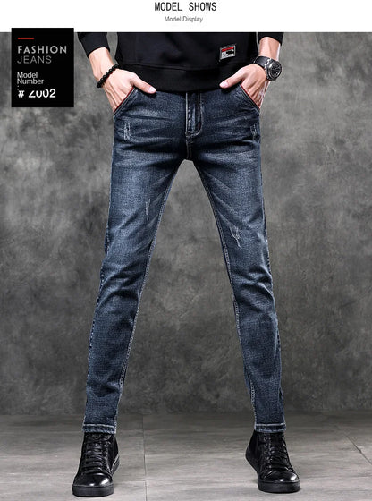 Men's Denim Jeans Classic Stretch Slim Straight-leg Trousers Casual All-match Pants Male Blue Black