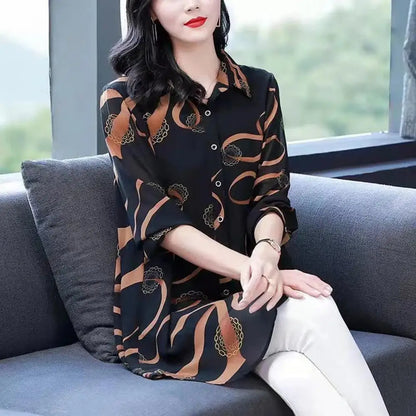 Lapel Long Sleeve Casual Shirt Single-breasted Thin Mid-aged Blouse Top Mother Printing Mid-length Shirt Daily Garment