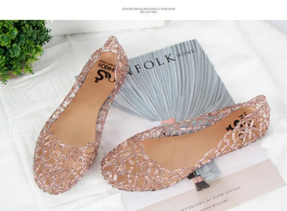 Summer women sandals flat-soled crystal clogs hollow flat-soled slip-ons shallow mouth Roman jelly shoes beach sandals