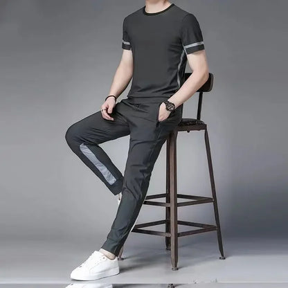 Tracksuit Sportswear Pants Sets Grey Men's Clothing Jogging T Shirt Man No Logo Sports Suits Fashion Top Summer Regular Fit Slim