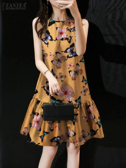 ZANZEA Fashion Women Floral Printed Knee-length Sundress Summer Sleeveless Bohemian Vintage Ruffles Vestido Beach Party Dress