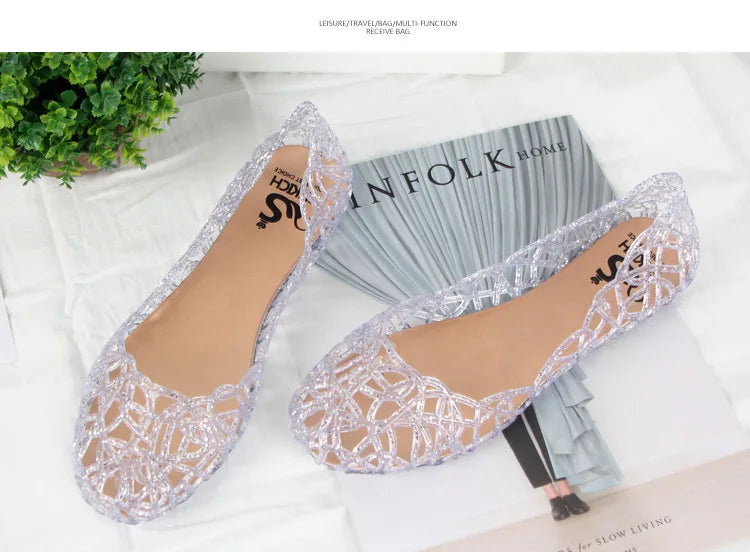 Summer women sandals flat-soled crystal clogs hollow flat-soled slip-ons shallow mouth Roman jelly shoes beach sandals