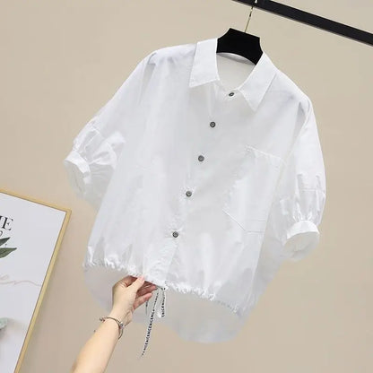 Summer New Bat Sleeve Pockets Shirt Women Loose Casual Short Sleeve Blouse Solid Lace Up Tops Half Shirts Lady High Street Trend