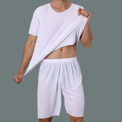 Men's Two-Piece Ice Silk Pajamas Men's Summer Thin Modal Short-Sleeved Pajamas Homewear Men's Large Size Pajamas Homewear Set