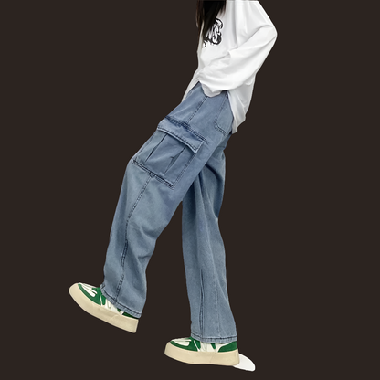 Baggy Straight Men's Cargo Jeans Fashion Streetwear Hip Hop Wide Pants Harajuku Y2K High Street Korean Male Denim Trousers